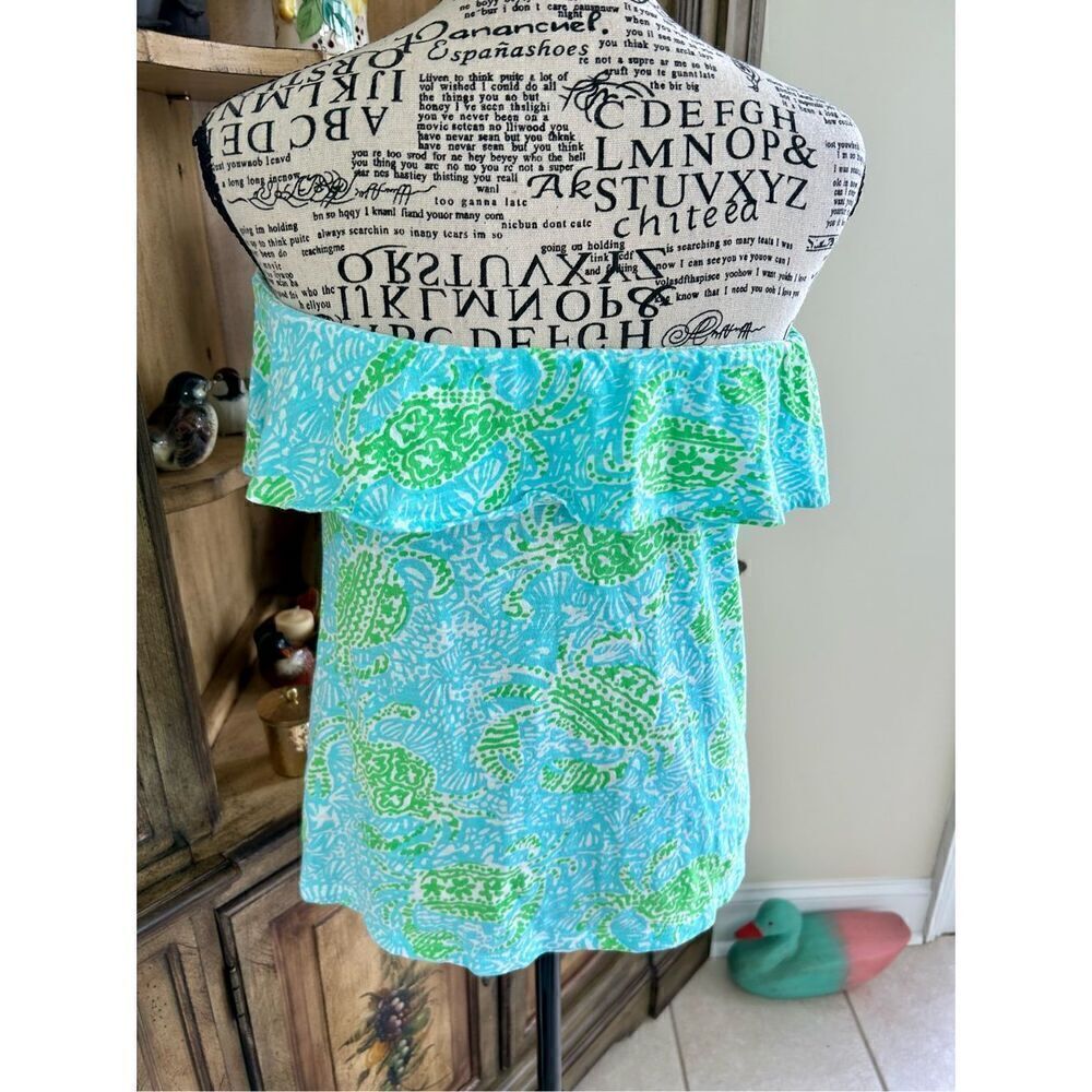 Lilly Pulitzer Strapless Tee Shirt XS 32 Bust Blue Green Coconut Girl Knit Top - Picture 3 of 7